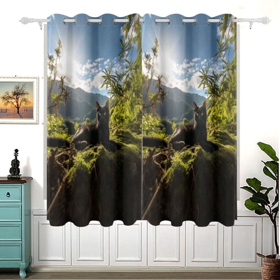Cat Sky Forest and Grass Blackout Curtain Panels 63x55in Drapes Privacy Assured for Living room Bedroom Bathroom 2 panels set