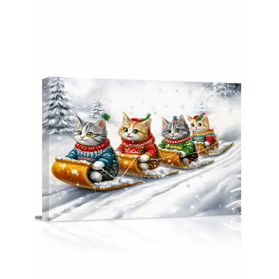 Cat Sled Ski Canvas Print Wall Art Framed Canvas Art Wall Decor Winter Snow Sweater Christmas Pictures Painting Morden Artwork for Living Room Bedroom, Ready to Hang - 12"x16"