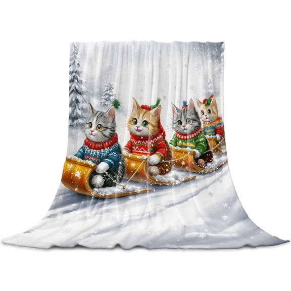Cat Sled Ski Throw Flannel Blanket 32x48In Winter Snow Sweater Christmas Super Soft Cozy Bed Blanket, Lightweight Plush Fuzzy Bed Throw for Bedroom Sofa Couch Living Room