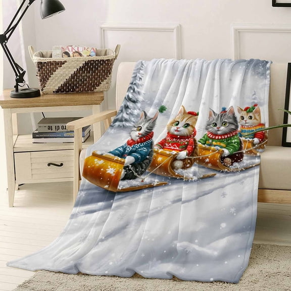 Cat Sled Ski Throw Flannel Blanket 60x80In Winter Snow Sweater Christmas Super Soft Cozy Bed Blanket, Lightweight Plush Fuzzy Bed Throw for Bedroom Sofa Couch Living Room