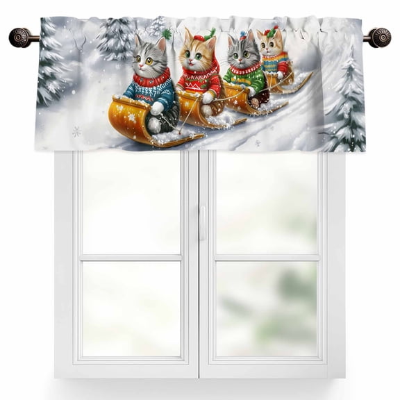 Cat Sled Ski Valances for Windows, 42 x 12in, Winter Snow Sweater Christmas Rod Pocket Kitchen Valance Curtain Light Filtering Window Treatments for Living Room Bedroom, 1 Panel
