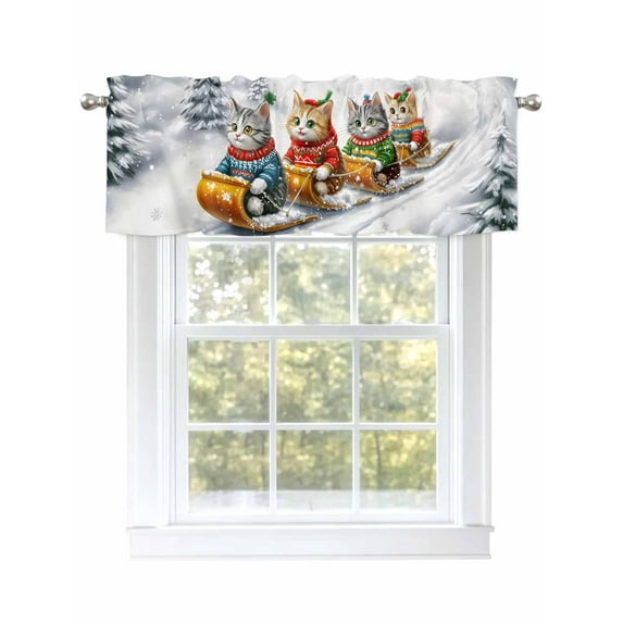 Cat Sled Ski Valances for Windows Winter Snow Sweater Christmas Rod Pocket Curtains Valance Short Window Treatment Drapes for Living Room, Bedroom Bathroom 42" W x 18" L