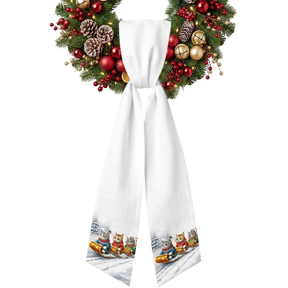 Cat Sled Ski Wreath Sash for Front Door, Winter Snow Satin Wreath Ribbon Bow Accessory Garland Home Decor for Doorway Porch Yard 4.5x56