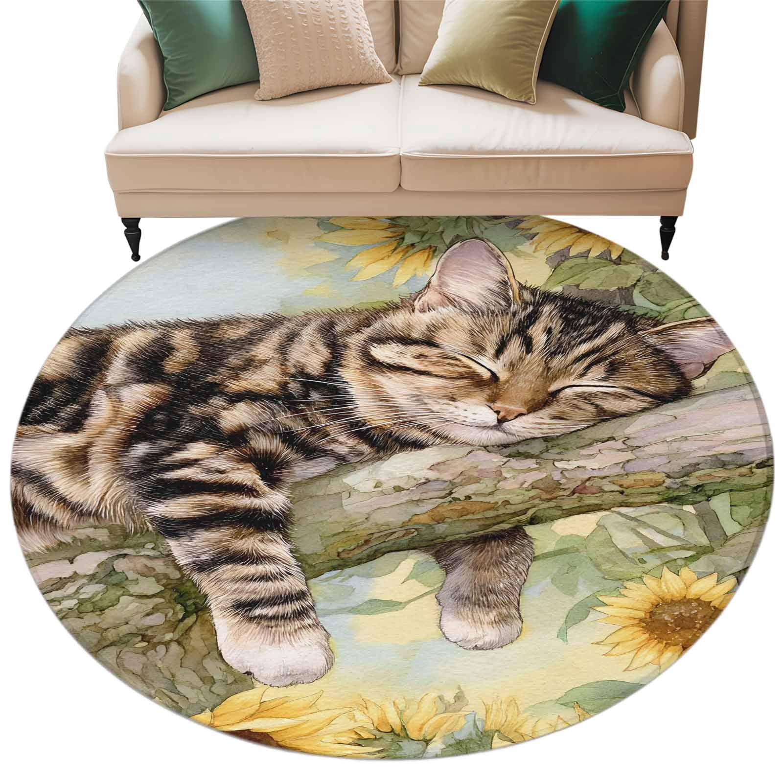 Cat Sleep on Branch Area Rug, Sunflower Retro Watercolor Washable Large ...