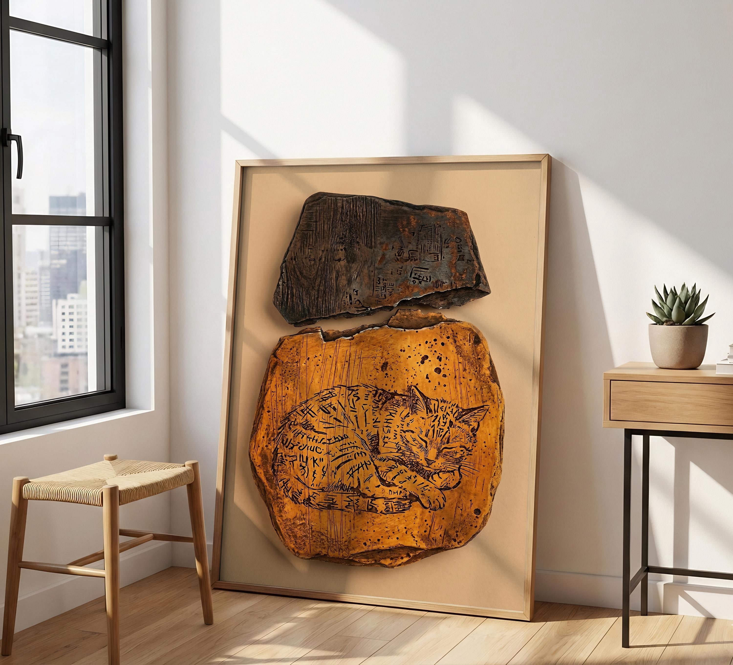 Rustic Simple Headstone Cat Sleeping Ancient Stone Texture Mid Century Pet Hieroglyph Animal ...
