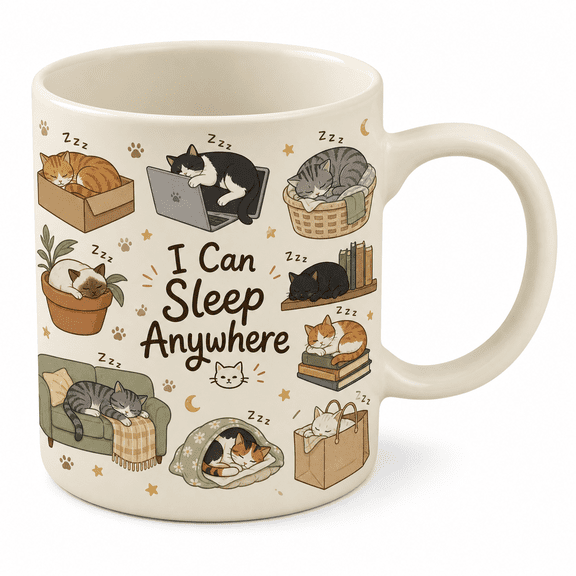 Cat Sleeping Anywhere Mug, Funny Cat Lover 2D Flat Mug Gift for Coffee, Tea & Cozy Mornings