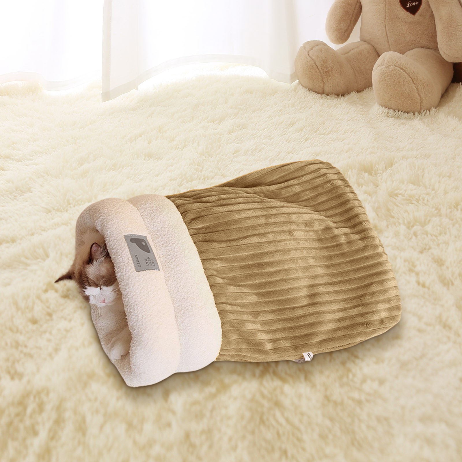 Winter Pet Bed Cat Sleeping Bag Bed - 360° Wrap Plush Snuggle Sack For Indoor Cats Winter Warmth (Blue, Medium) Self Warming Pet Bed - 3