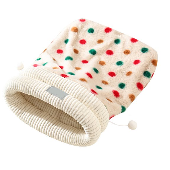 Cat Sleeping Bag Bed, Plush Polka Dot Winter Warm Sleep Sack with Drawstring, Super Cozy Hooded Burrow for Kittens Small Dogs, 17.3x14.6x3.9 Inch