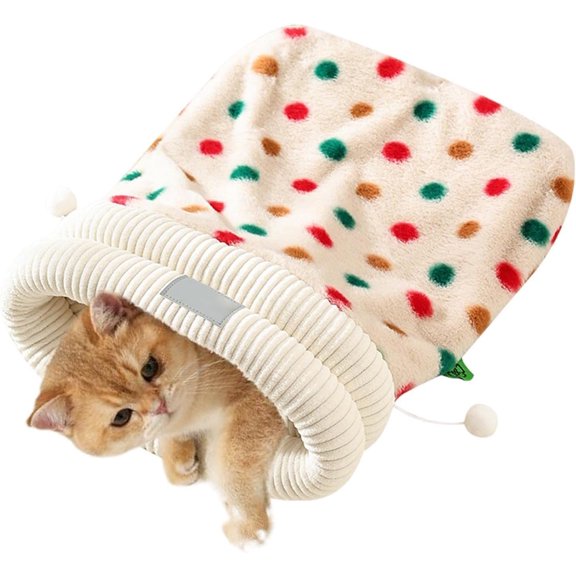 Cat Sleeping Bag, Enclosed Cozy Cat Cave Bed with Soft Ribbed Collar, Fluffy Polka Dot Pet Nest for Kitten, Small and Medium Indoor Cats