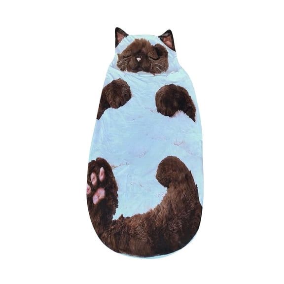 Cat Sleeping Bag, Fluffy Cat Sleeping Bag, 70X30 In, Adult Cold Weather Camping, Winter Overnight Trips, Light Blue Brown Print, 1 Pc