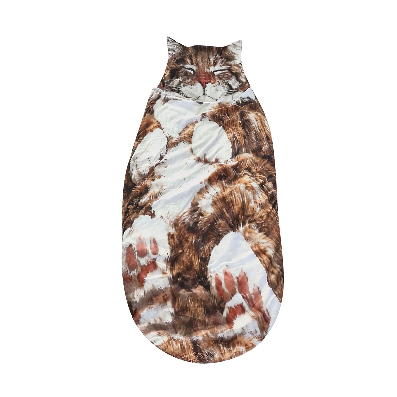 Cat Sleeping Bag, Fluffy Cat Sleeping Bag, Cat Shaped Sleeping Bag, 70X30 In, Adult Plush Cover, Cold Weather Camping, Brown White Print, 1 Pc