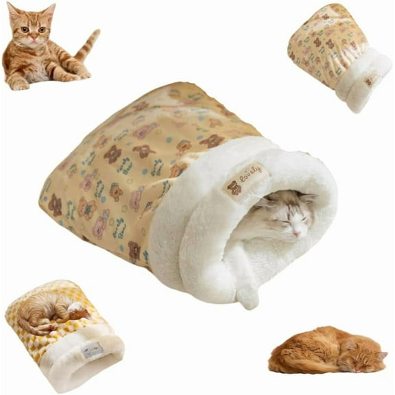 Cat Sleeping Bag for Indoor Cats,Soft Plush Cat Sack with Washable,Cozy Cat Bed Cave,Pet Hideway Tunnel Cave Sleeping Bag,Pet Mat Self Warming Burrow Cat Bed for Cats and Small Dog (Yellow, 18×14in)