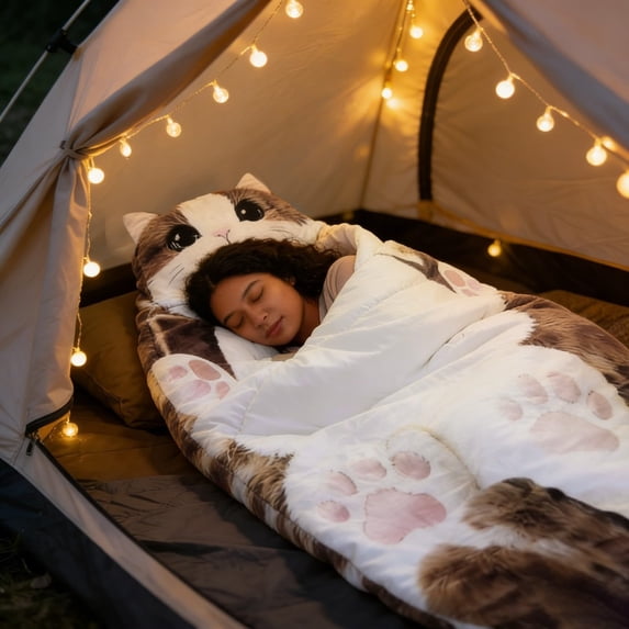 Cat Sleeping Bag for Human, Adult Sleeping Bag, 70X30 in, Wearable Sleeping Bag, Plush Fleece, Winter Cabin Getaways, Tan White, 1 Pc