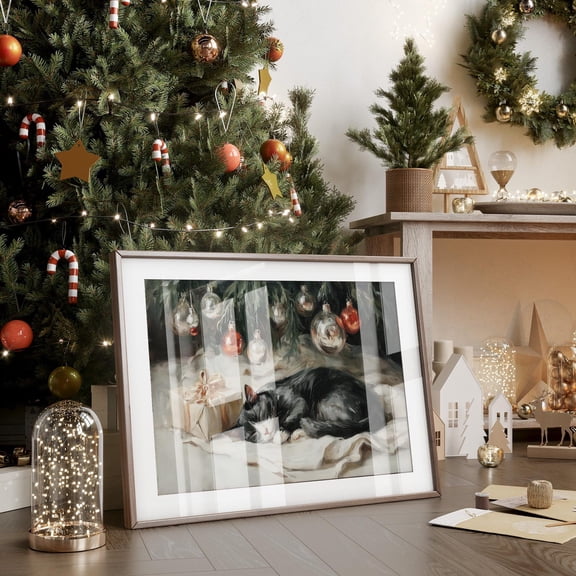 Cat Sleeping Beneath Christmas Tree with Ornaments, wall decor, home decor, art print, gallery wall, living room art, statement artwork, interior decor, vintage artwork, Unframed Poster 8x12