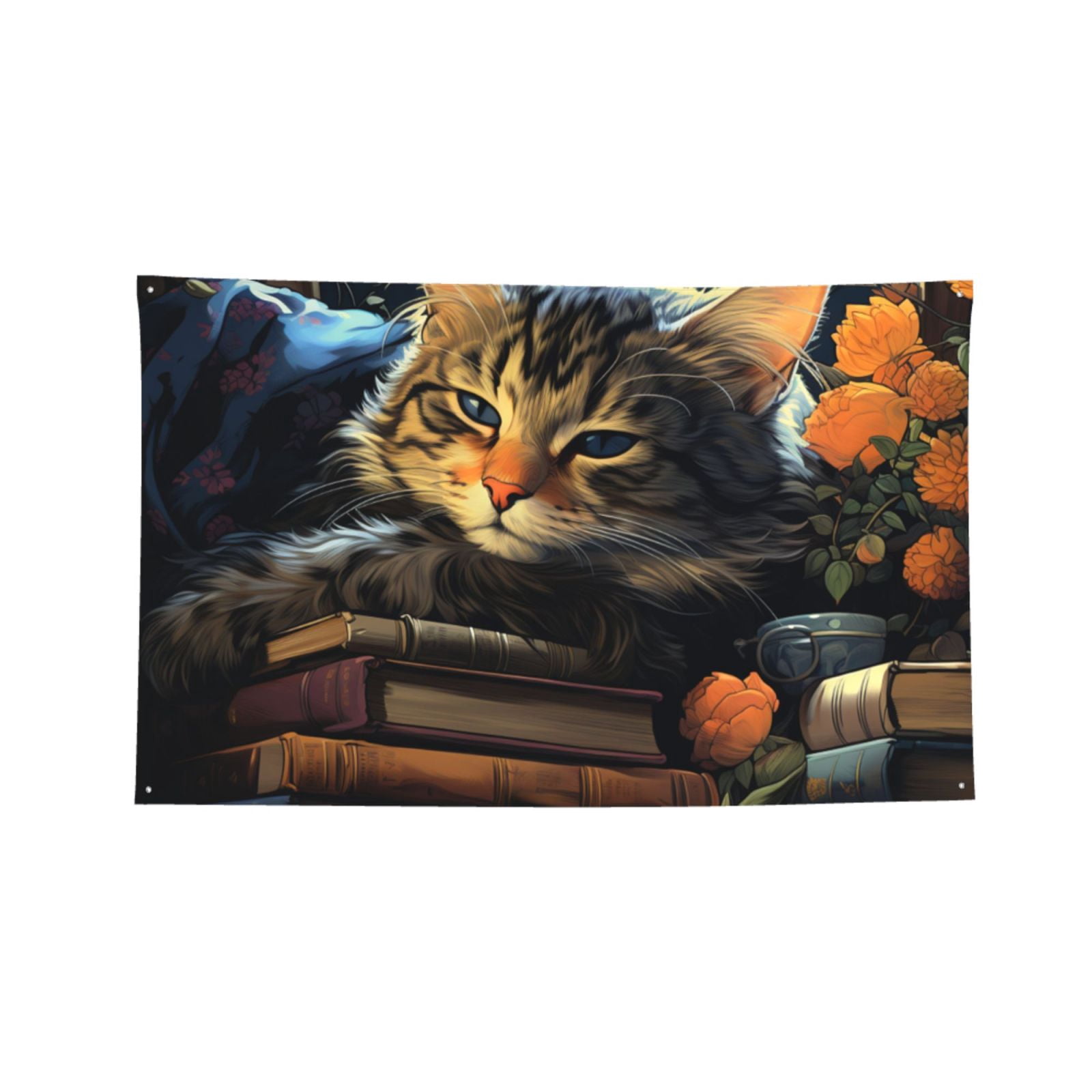 Cat Sleeping Bookshelf Books Art Four Hole Decorated Banner Flag for Garden Yard Home Decoration Indoor Outdoor 4x6 Ft
