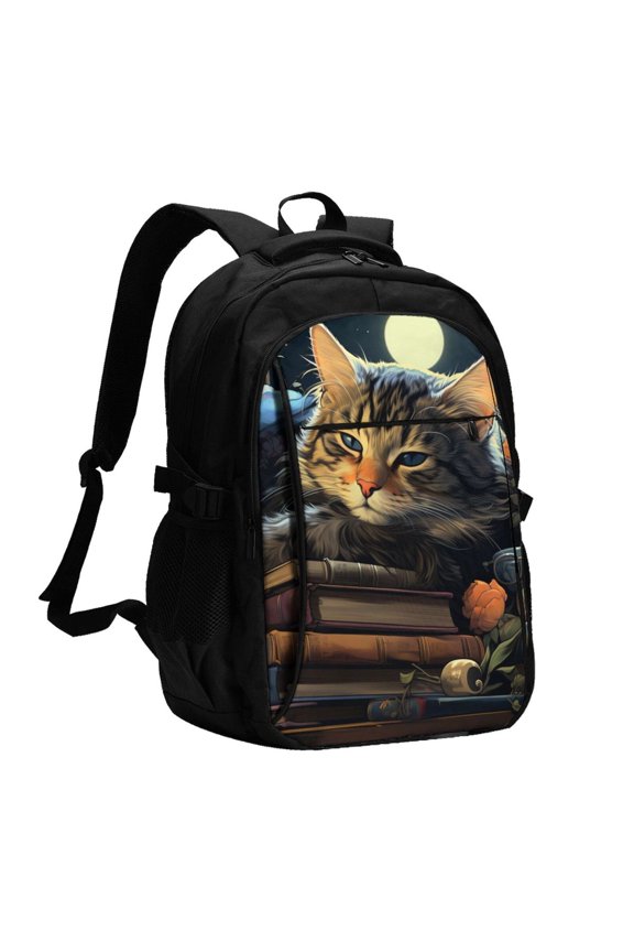 Cat Sleeping Bookshelf Books Art Laptop Backpack with USB Charging Headphone Port Casual Daypack Bag College Business Travel