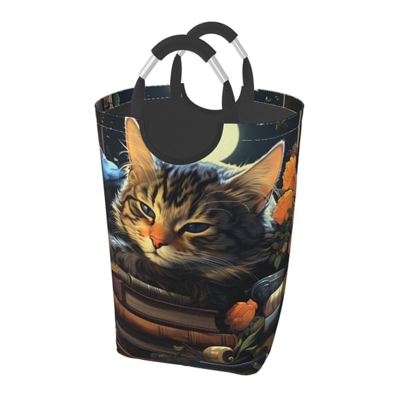 Cat Sleeping Bookshelf Books Art Laundry Bag with Handle - Foldable Dirty Clothes Hamper Collapsible Storage Bin