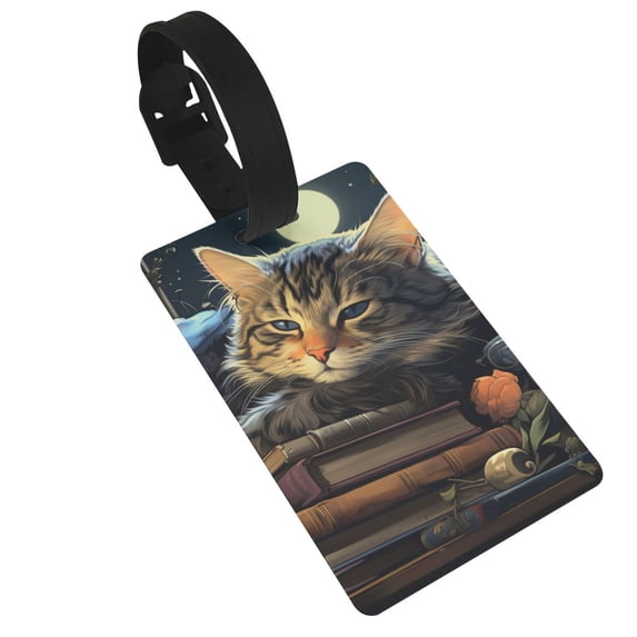 Cat Sleeping Bookshelf Books Art Luggage Tags Suitcases ID Baggage Identifier Card Name Tag for Travel Backpacks Gym Bags