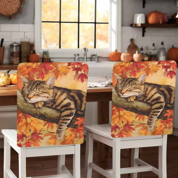Cat Sleeping on A Branch Chair Covers Set of 1 Thanksgiving Fall Orange Maple Leaf Chair Back Covers Stretch Removable Washable Slipcovers Protector for Dining Room Kitchen Party Decor