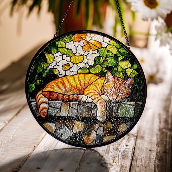 Cat Sleeping Glass Suncatcher, Cat Sleeping Window Hanging, Cat Mom Art, 3.5 in