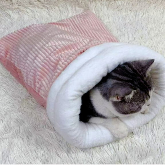 Cat Sleeping Mat,Winter Sleeping Sack,Cat Winter Sleeping Bag, Cat Crinkle Sack Removable Cat Bag for Sleeping 360° Warm Semienclosed Cat Sleeping Bag Bed with Cave,Cat Sleeping Bag(Pink)