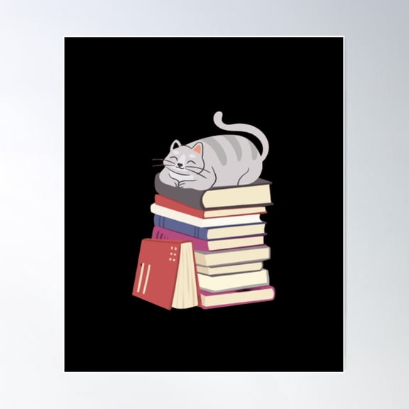 Cat Sleeping On Books - Book Nerd Poster Wall Art, Modern Wall Decor For Living Room Bedroom, 12x18 UNFRAMED
