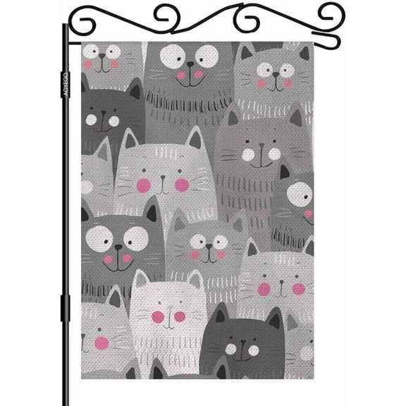 Cat Small Garden Flag Vertical Double Sided 12.5 x 18 Inch Cute Cartoon Animal Kitten Head Doodle Smile, Grey White Black Farmhouse Burlap Yard Outdoor Decor