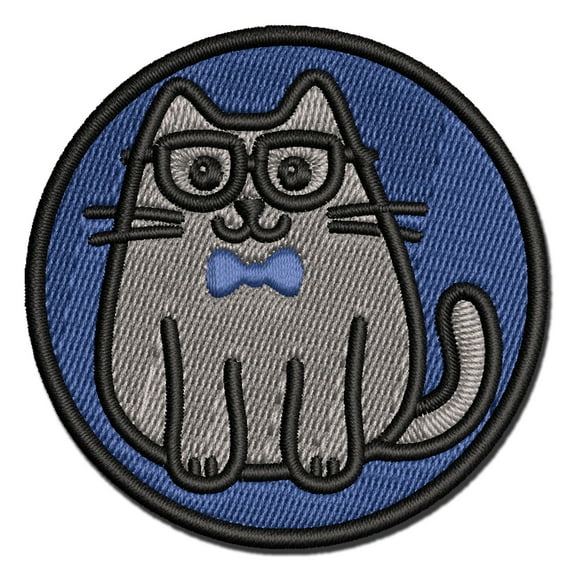 Cat Smart with Glasses and Bowtie Applique Multi-Color Embroidered Iron-On Patch - 2.0 Inch Mini