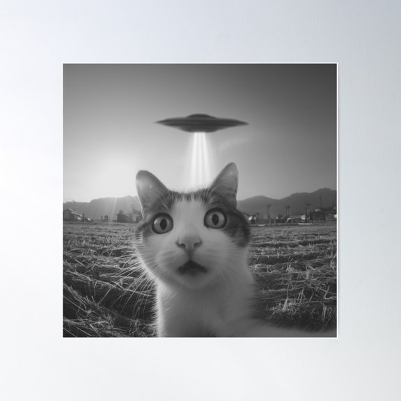 Cat Snaps Selfie With Mysterious Ufo In The Background Poster Wall Art Modern Wall Decor For Living Room Bedroom