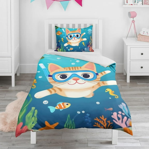 Cat Snorkeling Underwater Duvet Cover and Pillowcase Set for Single Bedding, Bedroom Accessories for Kids Teens