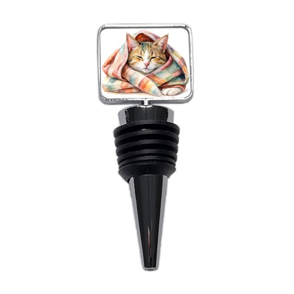 Cat Snuggling In Blanket Watercolor Wine Bottle Stopper Cap Plug