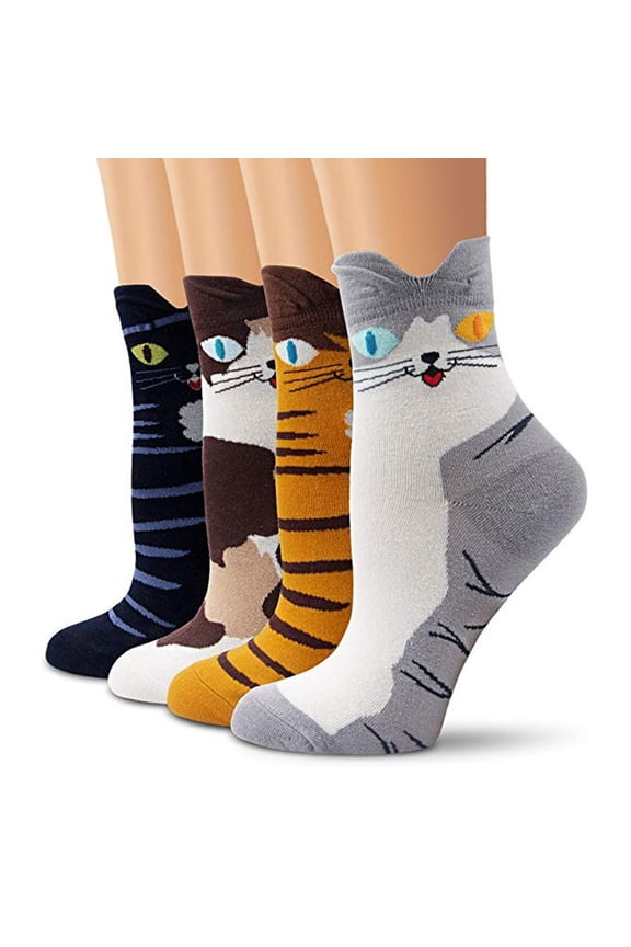 Cat Socks for Women Cute Animal Ankle Socks Novelty Funny Crew Socks Soft Cotton Quarter Socks Gift Set of 4 Pairs Multicolor