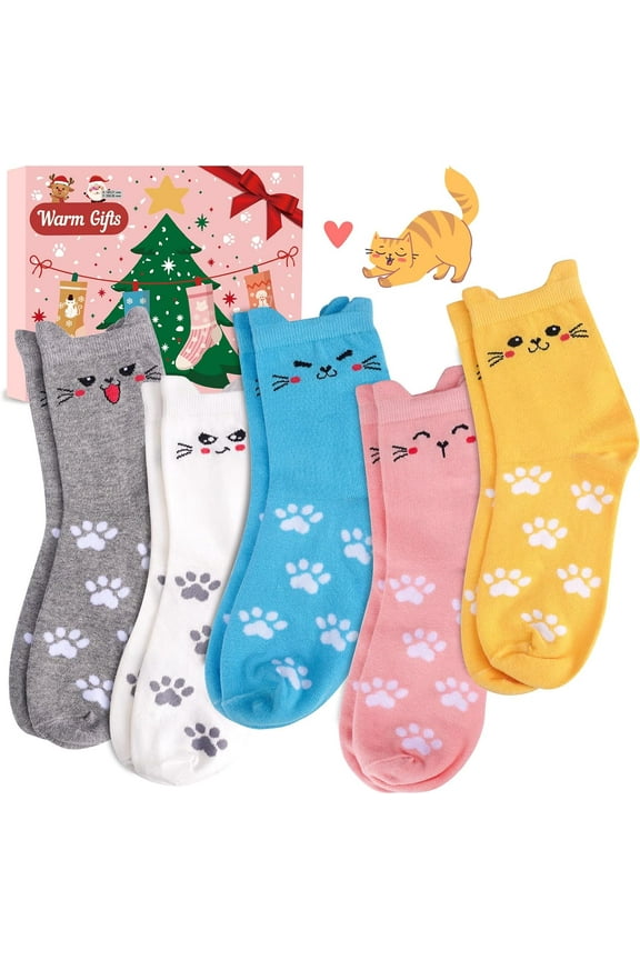 Cat Socks for Women Stocking Stuffers Christmas Birthday Gifts, 5 Pairs Soft Cozy Socks for Wife Mom Cat Lovers Girl