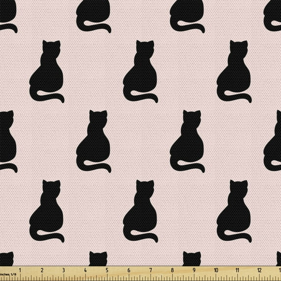 Ambesonne Cat Fabric by the Yard Upholstery, Black Silhouettes on Pink, 3 Yards, Pale Pink and Black