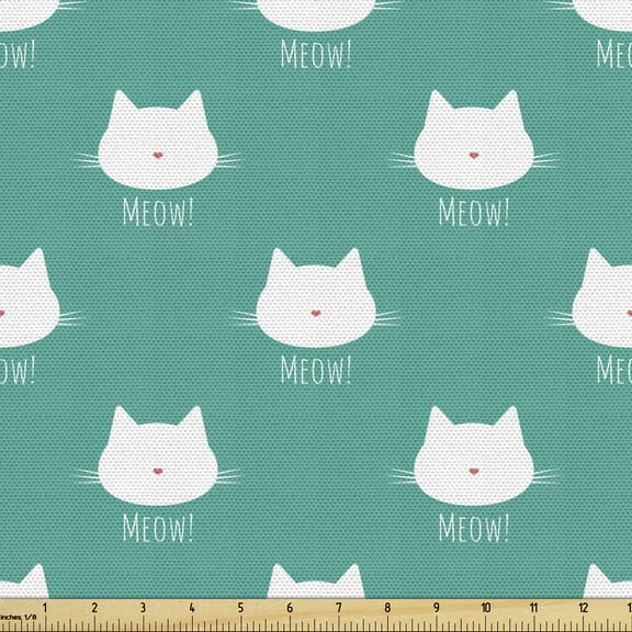 Cat Sofa Upholstery Fabric by the Yard, Meow Words and Feline Portrait in Silhouette Form with Heart Shaped Nose, Decorative Fabric for DIY & Home Accents, 1 Yard, Teal Coral and White by Ambesonne
