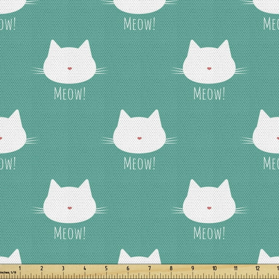 Ambesonne Cat Fabric by the Yard Upholstery, Meow Words and Feline Portrait, 5 Yards, Teal Coral and White