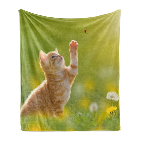 Cat Soft Flannel Fleece Blanket, Animal Theme Cat Hunting a Ladybug Nature Grass Dandelions Digital Print, Cozy Plush for Indoor and Outdoor Use, 50" x 60", Earth Yellow Pale Green, by Ambesonne