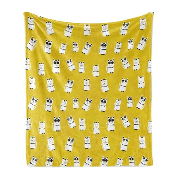 Cat Soft Flannel Fleece Blanket, Continuous Kitten with Star Shaped Sunglasses Cartoon Illustration Print, Cozy Plush for Indoor and Outdoor Use, 60" x 80", Pale Earth Yellow White, by Ambesonne