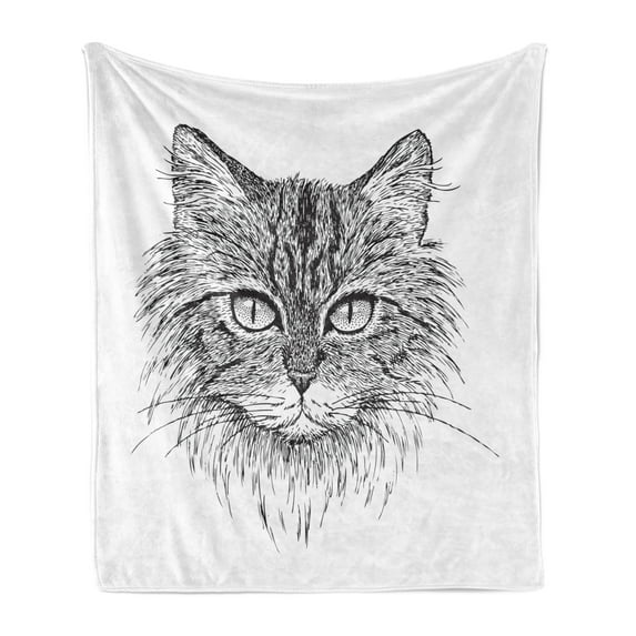 Cat Soft Flannel Fleece Blanket, Detailed Greyscale Charcoal Technique Sketch of Pet Animal on Plain Backdrop, Cozy Plush for Indoor and Outdoor Use, 70" x 90", Charcoal Grey White, by Ambesonne