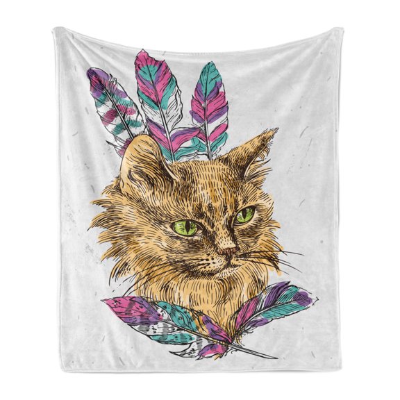 Cat Soft Flannel Fleece Blanket, Hand Drawn Boho Style Cat Image Ink Sketch Animal with Colorful Feathers Illustration, Cozy Plush for Indoor and Outdoor Use, 50" x 60", Multicolor, by Ambesonne