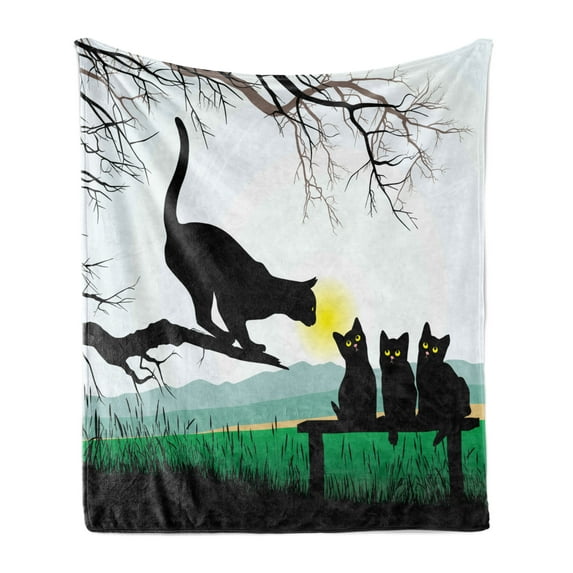 Cat Soft Flannel Fleece Blanket, Mother Cat on Tree Branch and Baby Kittens in Park Best Friends I Love My Kitty Graphic, Cozy Plush for Indoor and Outdoor Use, 60" x 80", Multicolor, by Ambesonne