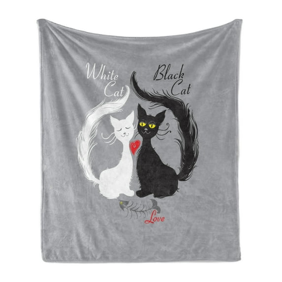 Cat Soft Flannel Fleece Blanket, Pair of Cats in Love Having Eaten Fish Red Heart Romantic Black and White Kitties, Cozy Plush for Indoor and Outdoor Use, 60" x 80", Black White Grey, by Ambesonne