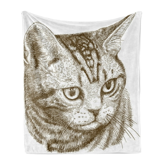 Cat Soft Flannel Fleece Blanket, Portrait of a Kitty Domestic Animal Hipster Best Company Fluffy Pet Graphic Art, Cozy Plush for Indoor and Outdoor Use, 50" x 60", Green Brown White, by Ambesonne