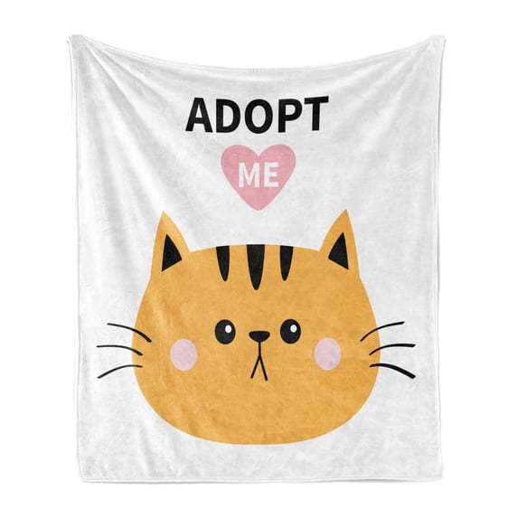 Cat Soft Flannel Fleece Throw Blanket, Adopt Me Calligraphy with a Cartoon Style Face, Cozy Plush for Indoor and Outdoor Use, 60" x 80", Multicolor, by Ambesonne