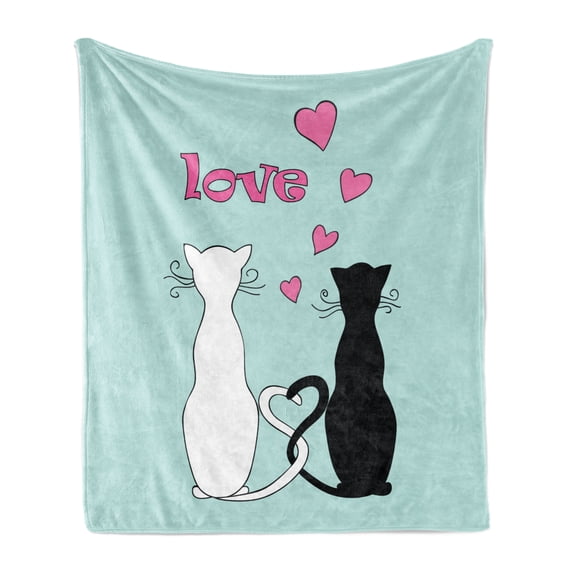 Cat Soft Flannel Fleece Throw Blanket, Black and White Kitty Cat Couple with Tails Tangled and in Love with Romantic Hearts, Cozy Plush for Indoor and Outdoor Use, 50" x 70", Multicolor, by Ambesonne