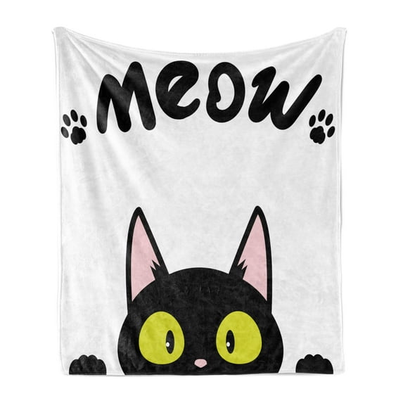 Cat Soft Flannel Fleece Throw Blanket, Bold Meow Typography with a Funny Kitten Peaking with Paws, Cozy Plush for Indoor and Outdoor Use, 60" x 80", Charcoal Grey Yellow, by Ambesonne