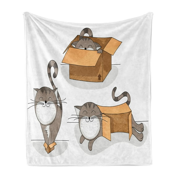 Cat Soft Flannel Fleece Throw Blanket, Cartoon Cat Trying Fit Different Sized Cardboard Boxes Domestic Companion, Cozy Plush for Indoor and Outdoor Use, 70" x 90", Sand Brown Warm Taupe, by Ambesonne