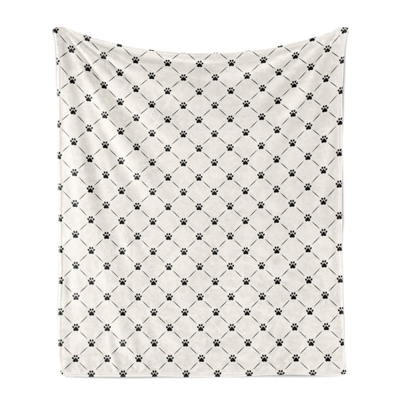 Cat Soft Flannel Fleece Throw Blanket, Classical Checkered Pattern with Cat Kitty Dog Paws Footprints Geometrical Design, Cozy Plush for Indoor and Outdoor Use, 70" x 90", Cream Black, by Ambesonne