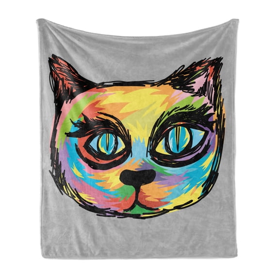 Cat Soft Flannel Fleece Throw Blanket, Colorful Dark Paint of a Cat Head Big Sketchy Eyes Unique Creatures Work, Cozy Plush for Indoor and Outdoor Use, 70" x 90", Multicolor, by Ambesonne