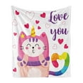 thumbnail image 1 of Cat Soft Flannel Fleece Throw Blanket, Colorful Illustration of Love You Typography Doodle Unicorn Character and Hearts, Cozy Plush for Indoor and Outdoor Use, 50" x 60", Multicolor, by Ambesonne, 1 of 5